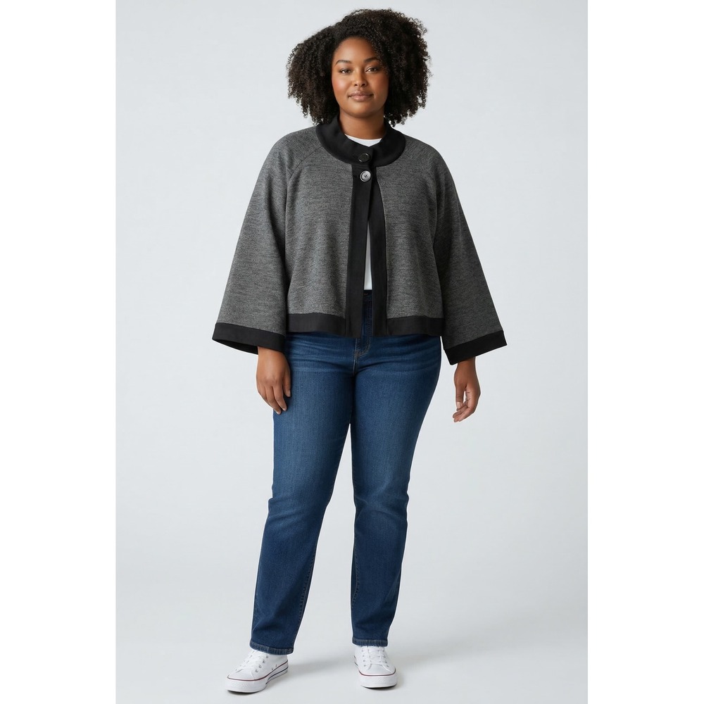 Lane Bryant Women 14/16 Grey Black Cropped Mock Neck 2 Button Dress Jacket NWT